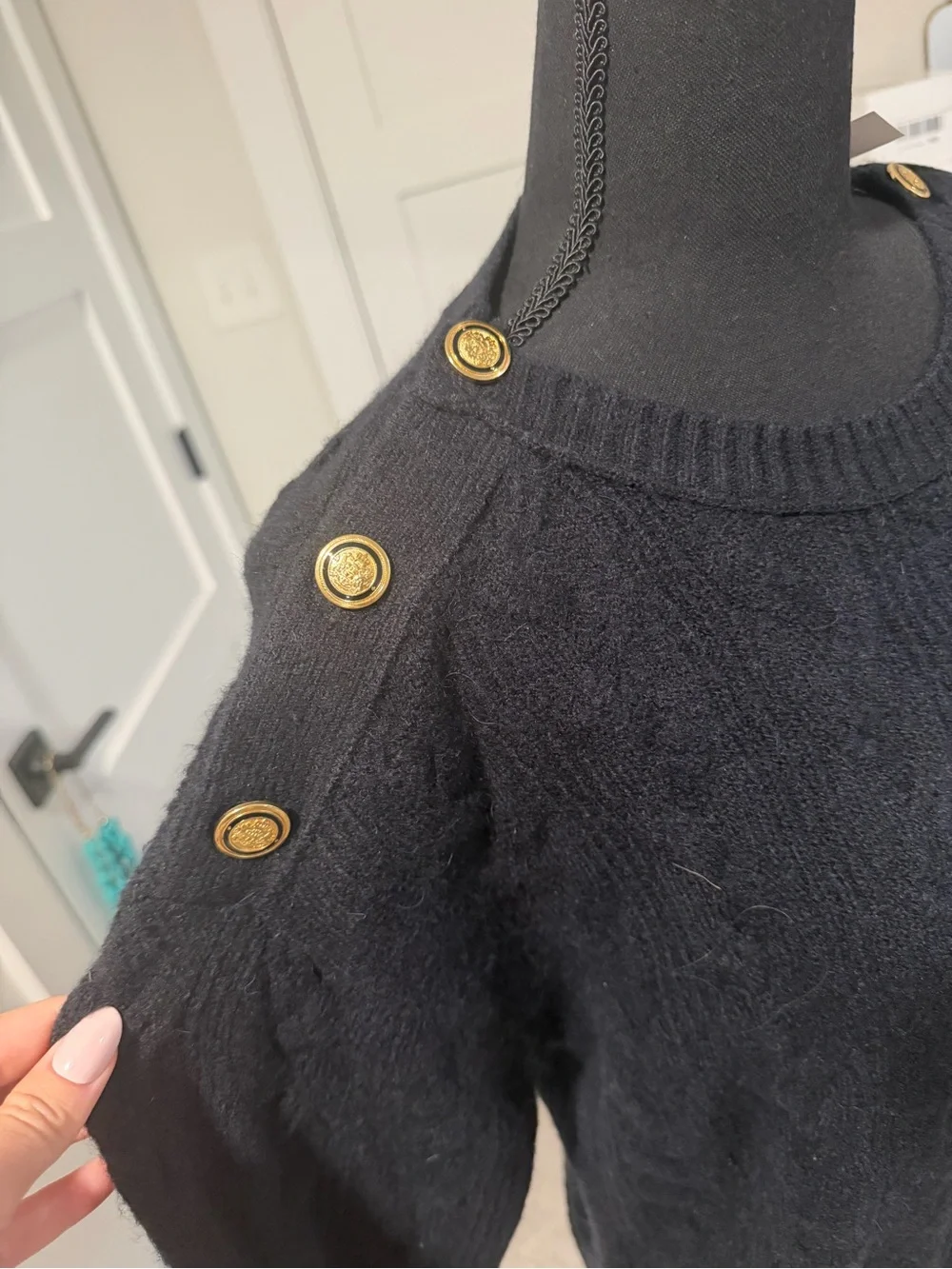 J. Crew Black Cable-Knit Crew Sweater with Gold Buttons